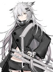 Rule 34 | 1girl, animal ear fluff, animal ears, arknights, black coat, black shorts, closed mouth, coat, gloves, grey eyes, hair ornament, hairclip, hand on own hip, highres, joshua (shisanli934), lappland (arknights), long hair, long sleeves, looking at viewer, material growth, open clothes, open coat, oripathy lesion (arknights), short shorts, shorts, silver hair, simple background, sketch, smile, solo, sword, very long hair, weapon, white background, white gloves, wolf ears