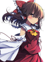 Rule 34 | 1girl, ascot, bow, brown hair, closed mouth, detached sleeves, from side, hair bow, hair tubes, hakurei reimu, highres, looking at viewer, medium hair, nontraditional miko, red bow, red eyes, red shirt, shirt, simple background, solo, standing, tangusuten, touhou, white background, wide sleeves, yellow ascot