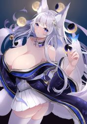 Rule 34 | 1girl, absurdres, ahoge, animal ears, ass, azur lane, bare shoulders, blue eyes, breasts, detached collar, fox ears, fox girl, fox tail, hair ornament, highres, huge breasts, japanese clothes, kimono, long hair, looking at viewer, mole, mole under eye, off shoulder, shinano (azur lane), solo, tail, thighhighs, white hair, white tail, white thighhighs, yamaha tsui