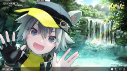 Rule 34 | 1girl, :d, animal ears, arknights, baseball cap, black gloves, black hat, black jacket, blue eyes, click (arknights), commentary, company name, copyright name, ears through headwear, english commentary, fake screenshot, gloves, grey hair, hair between eyes, hands up, hat, highres, jacket, looking at viewer, mouse ears, official art, official wallpaper, open mouth, outdoors, plant, portrait, rainbow, shirt, short hair, single glove, smile, solo, syuri22, water, waterfall, watermark, yellow shirt