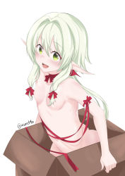 Rule 34 | 1girl, @ (symbol), aisoretto, alternate hair ornament, areola slip, artist name, blush, bow, box, breasts, commentary request, elf, goblin slayer!, green eyes, green hair, hair between eyes, hair bow, hair censor, hair ornament, high elf archer (goblin slayer!), highres, long hair, looking at viewer, navel, nude, open mouth, pointy ears, red bow, red ribbon, ribbon, sidelocks, simple background, small breasts, solo, white background