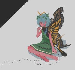 Rule 34 | 1girl, absurdres, animal, ant, antennae, aqua hair, bare legs, barefoot, blood, bug, butterfly wings, closed mouth, cuts, dress, eternity larva, fairy, full body, green dress, highres, ichinose (kurui96), injury, insect, insect wings, leaf, leaf on head, multicolored clothes, multicolored dress, orange eyes, short hair, single strap, solo, tears, torn wings, touhou, wings