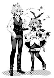 Rule 34 | 2boys, age difference, astolfo (fate), astolfo (saber) (fate), astolfo (saber) (third ascension) (fate), bare shoulders, blush, bow, bowtie, commentary request, elbow gloves, fate/apocrypha, fate/grand order, fate (series), full body, gloves, greyscale, hair between eyes, haoro, heart, heart in eye, heart in mouth, height difference, highres, long hair, long sleeves, looking at another, monochrome, multiple boys, open mouth, pantyhose, shoes, sieg (fate), simple background, standing, symbol in eye, thighhighs, tongue, trap, twintails, twitter username, vest, watermark, white background