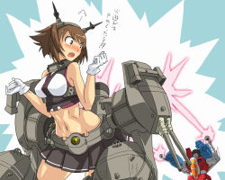 Rule 34 | 10s, 1980s (style), 1boy, 1girl, angry, arm cannon, bare shoulders, blush, breasts, brown hair, cannon, crossover, decepticon, gloves, glowing, gun, hairband, headband, headgear, kantai collection, large breasts, laser, machine, machinery, mecha, midriff, mimizu (tokagex), miniskirt, mutsu (kancolle), navel, oldschool, open mouth, personification, pleated skirt, radio antenna, red eyes, retro artstyle, robot, science fiction, short hair, skirt, smile, starscream, transformers, transformers: generation 1, translated, turret, uniform, weapon, white gloves