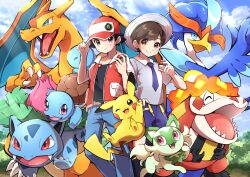 Rule 34 | 2boys, :3, :d, absurdres, adjusting clothes, adjusting headwear, baseball cap, black hair, black shirt, blue eyes, blue necktie, blue pants, blue shorts, blue sky, blush, brown eyes, brown hair, bush, charizard, closed mouth, cloud, cloudy sky, collared shirt, commentary request, creatures (company), crocalor, day, denim, drawstring, fangs, feet out of frame, florian (pokemon), game freak, gen 1 pokemon, grey shirt, hand up, hands up, hat, highres, holding, holding poke ball, ivysaur, jacket, jeans, light rays, looking at viewer, multiple boys, necktie, nintendo, open clothes, open jacket, open mouth, outdoors, pants, parted bangs, pikachu, poke ball, poke ball (basic), pokemon, pokemon (creature), pokemon frlg, pokemon sv, pon yui, purple eyes, quaquaval, red (pokemon), red eyes, red headwear, red jacket, sharp teeth, shirt, short hair, short sleeves, shorts, sky, smile, sprigatito, squirtle, standing, swept bangs, teeth, tongue, v-shaped eyebrows, wing collar