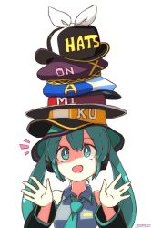 Rule 34 | 1girl, artist name, beret, black hat, black sleeves, blouse, blue hat, borrowed clothes, clothes writing, collared shirt, commentary, detached sleeves, green eyes, green hair, green hat, grey shirt, hair between eyes, hands up, hat, hat over hat, hatsune miku, headphones, highres, john su, kagamine len, kagamine rin, kaito (vocaloid), long hair, long sleeves, megurine luka, meiko (vocaloid), notice lines, pun, purple hat, red hat, romaji commentary, shirt, signature, simple background, sleeveless, sleeveless shirt, solo, too many, too many hats, twintails, upper body, vocaloid, white background, yellow hat