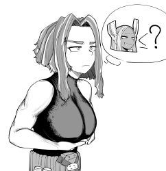 Rule 34 | 1girl, ?, absurdres, bare shoulders, boku no hero academia, breasts, frown, highres, lady nagant, large breasts, medium hair, mirko, multicolored hair, pixiv28207596, sleeveless, solo, thinking, thought bubble, white background