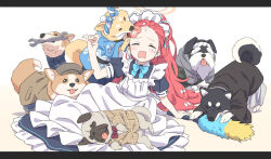 Rule 34 | 1girl, absurdres, animal, apron, black dress, blue archive, blush, closed eyes, dog, dress, duster, frilled apron, frilled dress, frills, halo, highres, laika (sputnik2nd), long hair, maid, maid apron, maid headdress, official alternate costume, open mouth, puffy short sleeves, puffy sleeves, red hair, short sleeves, solo, white apron, wrench, yellow halo, yuzu (blue archive), yuzu (maid) (blue archive)