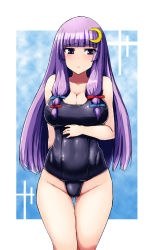 Rule 34 | 1girl, breasts, cleavage, crescent, crescent hair ornament, female focus, hair ornament, ishimiso (ishimura), long hair, one-piece swimsuit, patchouli knowledge, purple eyes, purple hair, school swimsuit, solo, swimsuit, touhou, undersized clothes