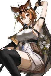 Rule 34 | 1girl, absurdres, animal ears, arknights, arm strap, arm up, armpits, barach, belt, black belt, black thighhighs, breasts, brown eyes, brown hair, cat ears, commentary, dress, feet out of frame, flower, grin, hair flower, hair ornament, highres, large breasts, long hair, looking at viewer, parted lips, pouch, rose, short dress, simple background, sleeveless, sleeveless dress, smile, solo, thighhighs, thighs, vendela (arknights), white background, white dress, white flower, white rose, wristband