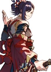 Rule 34 | 1boy, asymmetrical bangs, bare shoulders, blue hair, closed mouth, dark blue hair, detached sleeves, fire emblem, fire emblem engage, folded ponytail, hand up, highres, japanese clothes, kagetsu (fire emblem), katana, kouhaku nawa, liondance 0220, long sleeves, looking at viewer, magatama, male focus, nintendo, red sleeves, rope, sheath, shimenawa, short hair, simple background, smile, solo, sword, weapon, white background, wide sleeves, yellow eyes