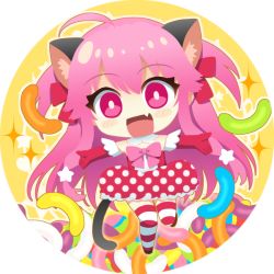 Rule 34 | 1girl, :d, ahoge, angel beats!, animal ears, blush, bow, cat ears, cat tail, dress, elbow gloves, fang, full body, gloves, hair between eyes, hair bow, long hair, looking at viewer, nakamura hinato, open mouth, outstretched arms, pink eyes, pink hair, polka dot, polka dot dress, red bow, red dress, red eyes, red gloves, round image, short dress, sleeveless, sleeveless dress, smile, solo, standing, standing on one leg, striped clothes, striped dress, striped thighhighs, tail, thighhighs, very long hair, white background, yui (angel beats!), zettai ryouiki