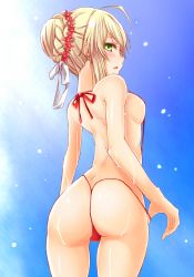 Rule 34 | 10s, 1girl, ahoge, ass, bad id, bad pixiv id, bikini, blonde hair, breasts, cowboy shot, fate/extra, fate/extra ccc, fate (series), flower, from behind, green eyes, hair ribbon, harino646, head wreath, looking at viewer, looking back, nero claudius (fate), nero claudius (fate) (all), nero claudius (fate/extra), one-piece thong, parted lips, red bikini, ribbon, sideboob, sidelocks, slingshot swimsuit, solo, sunlight, swimsuit, thong, thong bikini, wet