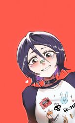 Rule 34 | 1girl, absurdres, alternate costume, bandaid, bandaid on face, bandaid on nose, black choker, black hair, bleach, blush, camera, carrot, choker, commentary, english commentary, hair between eyes, heart, highres, kuchiki rukia, looking at viewer, purple hair, rabbit, red background, shirt, short hair, simple background, smile, solo, star (symbol), waligner