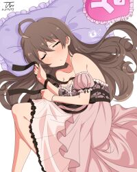Rule 34 | 1girl, ahoge, bare shoulders, blush, bracelet, breasts, brown hair, dated, detached sleeves, dot nose, double-parted bangs, feigning sleep, floral print, frilled negligee, frilled pillow, frills, hair between eyes, idolmaster, idolmaster million live!, idolmaster million live! theater days, jewelry, large breasts, long hair, lying, messy hair, official alternate costume, on side, parted lips, pillow, pink negligee, puffy detached sleeves, puffy sleeves, ribbon-trimmed sleeves, ribbon trim, rose print, sakuramori kaori, sexy beautiful (idolmaster), sidelocks, signature, simple background, solo, straight hair, tun, very long hair, white background, yes-no pillow