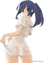 Rule 34 | 1girl, ass, bottomless, from behind, looking back, ponytail, see-through, shirt, solo, tsuina, wet, wet clothes, wet shirt