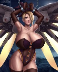 Rule 34 | 1girl, absurdres, alternate breast size, alternate costume, armpits, arms up, bdsm, blonde hair, blue eyes, bondage, bound, breasts, cuffs, elbow gloves, female focus, flowerxl, gloves, highres, huge breasts, looking at viewer, mercy (overwatch), overwatch, shackled, shackles, solo, thick thighs, thighhighs, thighs, video game character, wings, wings through clothes, witch mercy