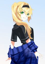 Rule 34 | 1girl, absurdres, black hairband, black shirt, blonde hair, blue jacket, cowboy shot, dokibird (vtuber), double-parted bangs, green eyes, grin, hair between eyes, hair intakes, hair ornament, hairband, hashtag-only commentary, highres, indie virtual youtuber, jacket, jacket partially removed, long hair, looking at viewer, looking back, mafrn3 (g03s), shirt, short sleeves, side ponytail, sidelocks, simple background, smile, solo, star (symbol), star hair ornament, striped clothes, striped jacket, teeth, vertical-striped clothes, vertical-striped jacket, virtual youtuber, white background, x hair ornament