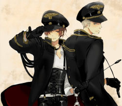 Rule 34 | 00s, 2boys, axis powers hetalia, blonde hair, brown hair, coat, cuffs, from behind, germany (hetalia), gloves, gradient background, handcuffs, hat, jewelry, looking back, male focus, military, military uniform, multiple boys, necklace, northern italy (hetalia), one eye closed, open clothes, peaked cap, riding crop, salute, short hair, silver hair, smile, suspenders, trench coat, uniform, wink, yori@furukomi genkouchuu