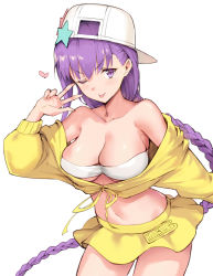 Rule 34 | 10s, 1girl, backwards hat, bare shoulders, baseball cap, bb (fate), bb (fate) (all), bb (swimsuit mooncancer) (fate), bb (swimsuit mooncancer) (first ascension) (fate), bikini, bikini top only, blush, braid, breasts, cleavage, closed mouth, collarbone, cropped jacket, fate/extra, fate/extra ccc, fate/grand order, fate (series), hand gesture, haoni, hat, hat ornament, heart, hip focus, jacket, large breasts, long hair, looking at viewer, navel, off shoulder, one eye closed, purple eyes, purple hair, simple background, skirt, smile, solo, star (symbol), star hat ornament, swimsuit, thighs, tongue, tongue out, underboob, very long hair, w, white background, white bikini, yellow jacket, yellow skirt