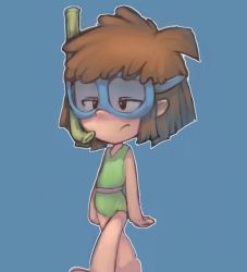 Rule 34 | 1girl, barefoot, black eyes, blue background, brown hair, child, conoghi, diving mask, goggles, green one-piece swimsuit, lisa loud, nickelodeon, one-piece swimsuit, short hair, snorkel, swimsuit, the loud house, walking