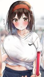 Rule 34 | black hair, blurry, blush, breasts, collarbone, commentary request, crossed bangs, depth of field, gym uniform, hair ornament, highres, large breasts, looking at viewer, medium hair, mole, mole on collarbone, navel, nike (company), original, parted lips, rouka (akatyann), running, shirt, short sleeves, solo focus, sweat, translation request, white shirt