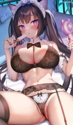 Rule 34 | 1girl, :o, animal ears, bare shoulders, black bow, black bowtie, black garter belt, black garter straps, black hair, black nails, black panties, black thighhighs, blush, bow, bowtie, breasts, cameltoe, cat ears, cleft of venus, commentary request, electric fan, food, garter belt, garter straps, hair ornament, hand fan, holding, holding fan, holding food, holding popsicle, large breasts, lingerie, looking at viewer, lying, maid headdress, melonbooks, mintice (asatsukimint), nail polish, on back, original, panties, popsicle, purple eyes, purple nails, solo, thighhighs, thighs, twintails, underwear