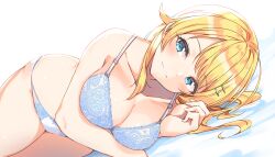 Rule 34 | 1girl, arm under breasts, blonde hair, blue bra, blue eyes, bra, breasts, closed mouth, hachimiya meguru, hair ornament, hairclip, hand up, highres, idolmaster, idolmaster shiny colors, large breasts, long hair, looking at viewer, lying, on side, panties, shiitake taishi, simple background, solo, underwear, underwear only, white background, white panties