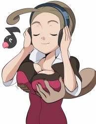 Rule 34 | 10s, 1girl, ahoge, alexa (pokemon), alternate color, breasts, brown hair, chatot, cleavage, closed eyes, clueless, creatures (company), deep skin, disembodied limb, game freak, gen 4 pokemon, grabbing, grabbing another&#039;s breast, grabbing from behind, groping, headphones, hip focus, large breasts, listening to music, nintendo, pokemon, pokemon (creature), pokemon xy, refuto, smile, solo focus