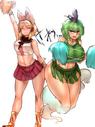 Rule 34 | 2girls, adapted costume, arm up, bare shoulders, blush, breasts, brown hair, cheerleader, clothes lift, crop top, closed eyes, ghost tail, green eyes, green hair, hat, headphones, large breasts, midriff, miniskirt, multiple girls, navel, open mouth, pleated skirt, plump, pom pom (cheerleading), sekiyu (spartan), short hair, skirt, smile, soga no tojiko, standing, tank top, tate eboshi, thick thighs, thighs, touhou, toyosatomimi no miko, wavy mouth, wide hips