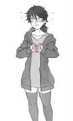 Rule 34 | 1girl, :d, blush, collarbone, commentary, english commentary, flat chest, flying sweatdrops, freckles, greyscale, hair between eyes, heart, heart hands, hood, hood down, hooded jacket, jacket, long hair, long sleeves, low ponytail, mari (twrlare), monochrome, open mouth, original, ponytail, simple background, smile, solo, spot color, thighhighs, twrlare, white background