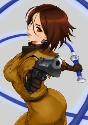 Rule 34 | 1girl, anagumasan, ass, brown eyes, brown hair, earrings, elbow gloves, gloves, gun, heart, heart earrings, highres, jewelry, looking at viewer, military, military uniform, pointing, short hair, snk, solo, the king of fighters, twisted torso, uniform, weapon, whip, whip (kof)