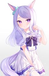 Rule 34 | 1girl, :o, animal ears, aqua bow, blouse, blush, bow, bright pupils, cowboy shot, dress, hair bow, hand in own hair, hand up, highres, horse ears, horse girl, horse tail, komachi pochi, long hair, looking at viewer, mejiro mcqueen (umamusume), parted bangs, parted lips, petticoat, pleated skirt, puffy short sleeves, puffy sleeves, purple eyes, purple hair, purple shirt, shirt, short sleeves, simple background, skirt, solo, swept bangs, tail, thighhighs, umamusume, white background, white dress, white pupils, white thighhighs