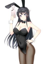 Rule 34 | 10s, 1girl, absurdres, animal ears, armpits, bare arms, bare shoulders, black bow, black bowtie, black hair, black hairband, black leotard, black pantyhose, blush, bow, bowtie, breasts, brown pantyhose, c:, cellphone, cleavage, closed mouth, covered navel, cowboy shot, detached collar, fake animal ears, female focus, hair ornament, hairband, hairclip, hand on own hip, hand up, highres, holding, holding phone, junk doppel, large breasts, leotard, long hair, looking at viewer, pantyhose, phone, playboy bunny, purple eyes, rabbit ears, rabbit hair ornament, sakurajima mai, seishun buta yarou, sidelocks, simple background, smartphone, smile, solo, standing, strapless, strapless leotard, white background, wrist cuffs