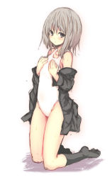 Rule 34 | 1girl, bare shoulders, black socks, blush, breasts, covering privates, covering breasts, embarrassed, flat chest, grey eyes, grey hair, jacket, kneehighs, kneeling, legs, looking at viewer, looking back, off shoulder, one-piece swimsuit, open clothes, open jacket, original, profile, shadow, short hair, simple background, sketch, socks, solo, swimsuit, swimsuit under clothes, taiyou nomiko, tatsuhiko, wet, wet hair, white one-piece swimsuit, yellow eyes