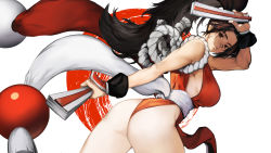 Rule 34 | 1girl, ass, babyg wong, bare shoulders, black hair, breasts, brown eyes, dual wielding, fatal fury, from behind, hand fan, hand up, highres, holding, japanese clothes, large breasts, leotard, lips, long hair, looking at viewer, looking back, ninja, parted bangs, pelvic curtain, ponytail, revealing clothes, rope, shiranui mai, simple background, sleeveless, smile, solo, the king of fighters, thighs