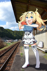Rule 34 | 1girl, backpack, bag, blonde hair, blue eyes, blue shirt, blue sky, breast pocket, breasts, cellphone, cloud, collared shirt, commentary request, day, full body, gambier bay (kancolle), gloves, hair between eyes, hairband, highres, kantai collection, large breasts, mountain, multicolored clothes, multicolored shorts, open mouth, outdoors, phone, photo background, pocket, railroad tracks, shirt, short sleeves, shorts, sky, smile, solo, thighhighs, train station, twintails, white thighhighs, wreath (a1b2c3d45)