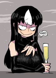 Rule 34 | 1girl, absurdres, alcohol, black dress, black gloves, black hair, champagne, dress, drink, elbow gloves, glasgow smile, gloves, highres, long hair, looking at viewer, noss (rariatto), original, rariatto (ganguri), rejection, shaded face, smile, speech bubble, upper body, vampire, wavy mouth, white hair
