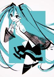 Rule 34 | 1girl, absurdres, aqua background, aqua hair, aqua nails, aqua necktie, aqua theme, black skirt, black sleeves, black thighhighs, blending, border, closed mouth, collared shirt, commentary, cowboy shot, cropped legs, detached sleeves, finger to mouth, from side, hand up, hatsune miku, highres, leaning forward, limited palette, long hair, long sleeves, looking at viewer, looking to the side, marina (mrn9), miku day, miniskirt, nail polish, necktie, outside border, see-through, see-through sleeves, shirt, skirt, sleeveless, sleeveless shirt, smile, solo, standing, thighhighs, twintails, very long hair, vocaloid, white border, white shirt, wide sleeves, zettai ryouiki