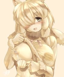 Rule 34 | 10s, 1girl, :d, alpaca ears, alpaca suri (kemono friends), animal ears, blush, breast milk, breast pocket, breasts, clothes lift, cup, fur collar, hair over one eye, half-closed eyes, highres, kemono friends, lactating into container, lactation, large breasts, looking at viewer, milk, navel, nipples, one breast out, open mouth, pink ribbon, pocket, ribbon, shirt lift, shourin bonzu, smile, solo, teacup, upper body