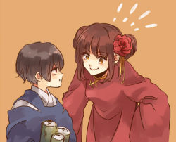 Rule 34 | !, !!, 1boy, 1girl, axis powers hetalia, bad id, bad pixiv id, brown hair, can, china (hetalia), china dress, chinese clothes, double bun, dress, flower, gender request, genderswap, hair bun, hair flower, hair ornament, japan (hetalia), kozukue, leaning forward, long sleeves, looking at another, orange eyes, red dress, short hair, simple background, smile