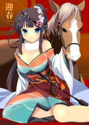 Rule 34 | 10s, 1girl, 2014, bare shoulders, blue eyes, blush, breasts, cleavage, highres, horse, japanese clothes, kimono, large breasts, long hair, new year, original, smile, wara (warapro)