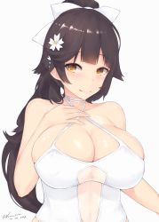 Rule 34 | 1girl, azur lane, black hair, blush, bow, breasts, choker, cleavage, collarbone, criss-cross halter, dated, flower, hair bow, hair flower, hair ornament, halterneck, hand on own chest, kuavera, large breasts, long hair, looking at viewer, one-piece swimsuit, orange eyes, ponytail, simple background, skindentation, smile, solo, swimsuit, takao (azur lane), takao (beach rhapsody) (azur lane), twitter username, upper body, white background, white bow, white one-piece swimsuit