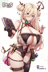 Rule 34 | 1girl, belt, blonde hair, blue eyes, blush, book, breasts, brooch, cleavage, clothing cutout, criss-cross halter, curvy, detached collar, double bun, gigantic breasts, gloves, hair bun, hair ornament, halterneck, highres, holding, holding book, holster, huge breasts, jewelry, kannko bokujou, long hair, looking at viewer, navel, navel cutout, one-piece swimsuit, original, potion, single glove, single thighhigh, solo, star (symbol), star hair ornament, swimsuit, test tube, thick thighs, thigh belt, thigh holster, thigh strap, thighhighs, thighs