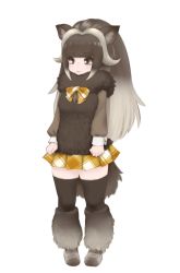 Rule 34 | 10s, 1girl, animal ear fluff, animal ears, bow, bowtie, brown hair, full body, fur trim, horns, ise (0425), kemono friends, long hair, multicolored hair, muskox (kemono friends), pleated skirt, simple background, skirt, solo, tail, thighhighs, two-tone hair, white background, white hair