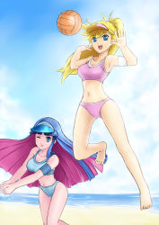 Rule 34 | 10s, 2girls, bad id, bad pixiv id, ball, barefoot, beach, beach volleyball, bikini, blonde hair, blue eyes, blue hair, breasts, cleavage, day, jumping, long hair, multicolored hair, multiple girls, one eye closed, panty &amp; stocking with garterbelt, panty (psg), ponytail, siblings, sisters, sports bikini, stocking (psg), swimsuit, tomw, two-tone hair, visor cap, volleyball, volleyball (object), wink