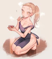 Rule 34 | 1girl, apron, black apron, blonde hair, blush, breasts, cleavage, dotsuco, eating, hair pulled back, highres, long hair, medium breasts, naked apron, original, ponytail, solo, squatting, steam, strap slip, yellow eyes