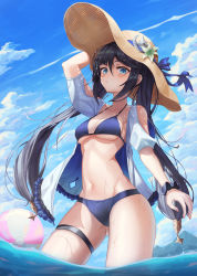 Rule 34 | 1girl, absurdres, arm up, ball, beachball, bikini, black hair, blue bikini, blue sky, breasts, cleavage, cloud, day, flower, genshin impact, gluteal fold, green eyes, hat, hat flower, hat ornament, highres, long hair, looking at viewer, mona (genshin impact), navel, outdoors, revision, sky, slime nyang, small breasts, solo, stomach, sun hat, swimsuit, thigh strap, thighs, twintails, underboob, wading, wet
