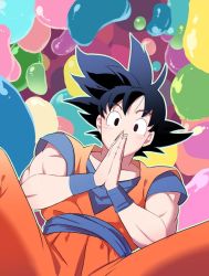 Rule 34 | 1boy, black eyes, black hair, dougi, dragon ball, dragonball z, jiayu long, male focus, muscular, outline, own hands together, solo, son goku, spiked hair, spread legs, wide-eyed