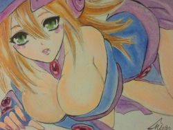 Rule 34 | artist request, bare shoulders, blonde hair, blush, breasts, cleavage, dark magician girl, duel monster, green eyes, large breasts, lips, photo (medium), smile, traditional media, yu-gi-oh!, yuu-gi-ou, yu-gi-oh! duel monsters